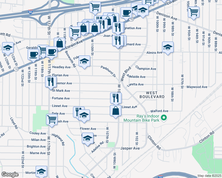 map of restaurants, bars, coffee shops, grocery stores, and more near 10625 Governor Avenue in Cleveland