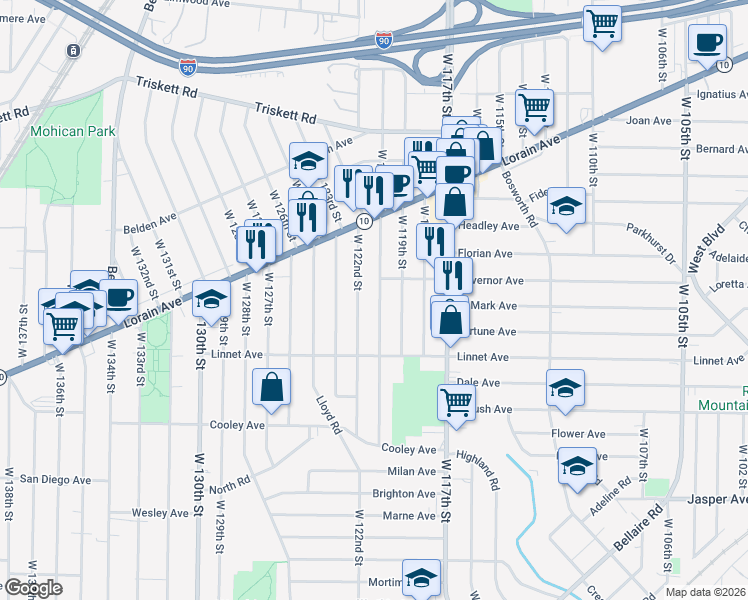 map of restaurants, bars, coffee shops, grocery stores, and more near 3463 West 122nd Street in Cleveland