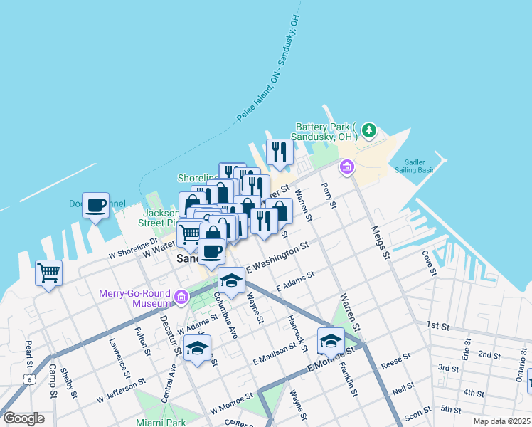 map of restaurants, bars, coffee shops, grocery stores, and more near 314 East Water Street in Sandusky
