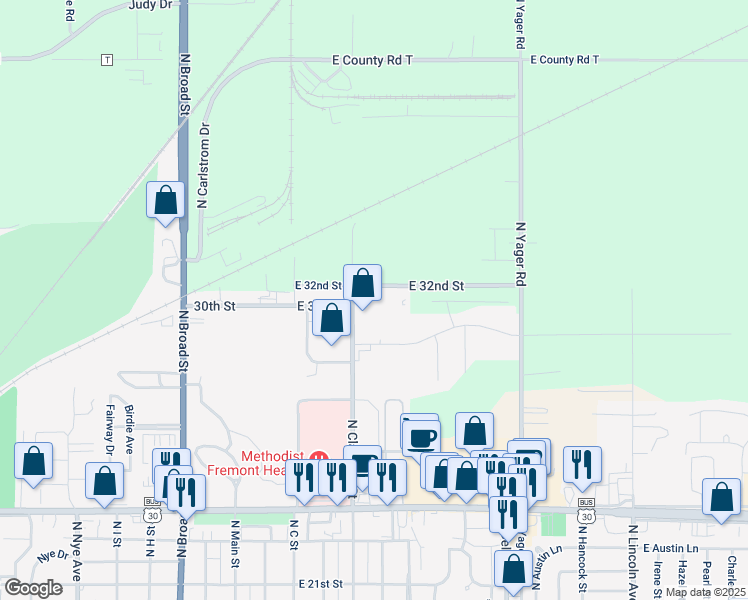 map of restaurants, bars, coffee shops, grocery stores, and more near 620 East 32nd Street in Fremont
