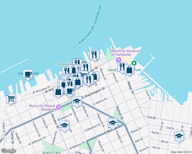 map of restaurants, bars, coffee shops, grocery stores, and more near 409 East Market Street in Sandusky
