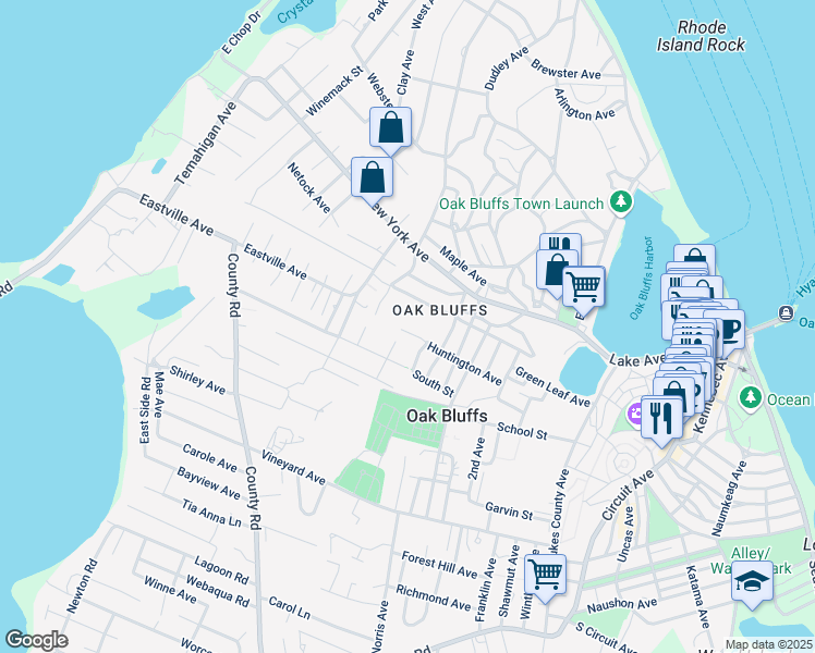 map of restaurants, bars, coffee shops, grocery stores, and more near 66 Simpson Avenue in Oak Bluffs