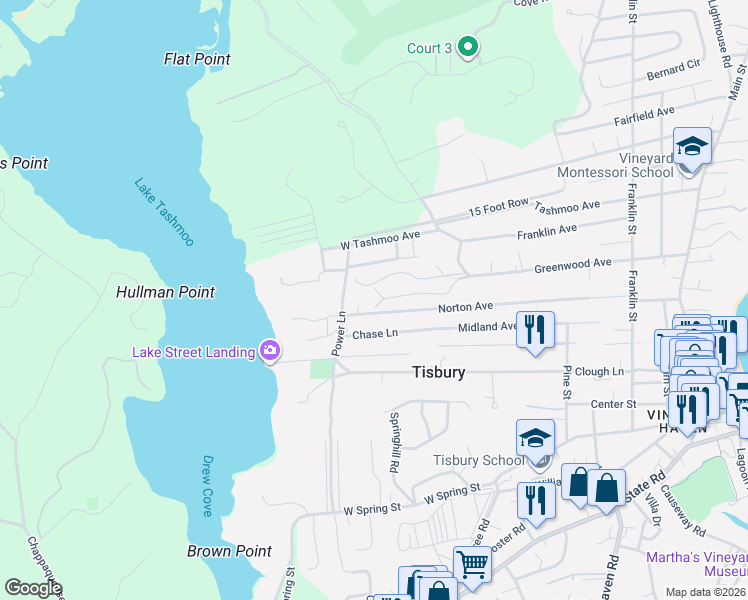 map of restaurants, bars, coffee shops, grocery stores, and more near 339 Greenwood Avenue in Tisbury