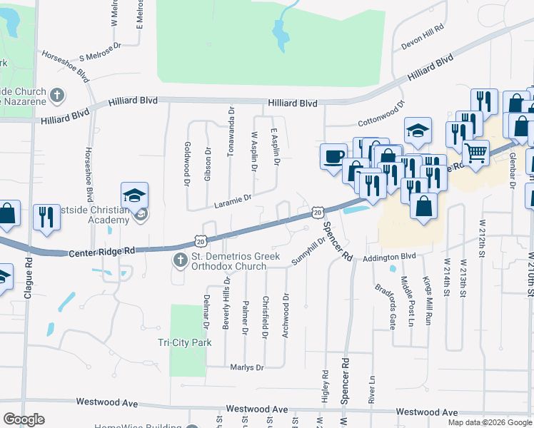 map of restaurants, bars, coffee shops, grocery stores, and more near 18 Bristol Lane in Rocky River