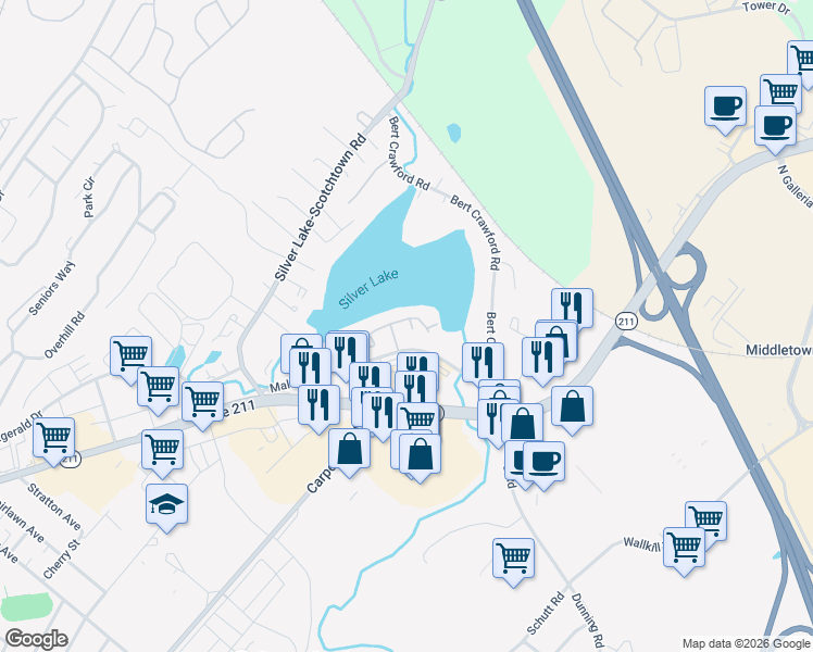 map of restaurants, bars, coffee shops, grocery stores, and more near 81 Kensington Way in Middletown