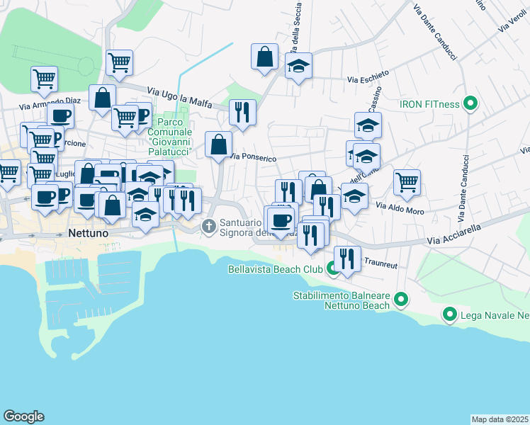 map of restaurants, bars, coffee shops, grocery stores, and more near 26 Via dei Pioppi in Nettuno