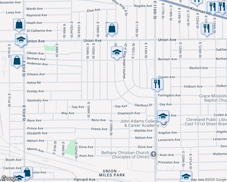 map of restaurants, bars, coffee shops, grocery stores, and more near 3680 East 110th Street in Cleveland