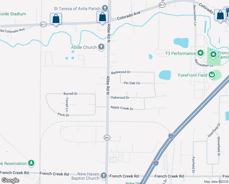 map of restaurants, bars, coffee shops, grocery stores, and more near 2555 Abbe Road North in Sheffield