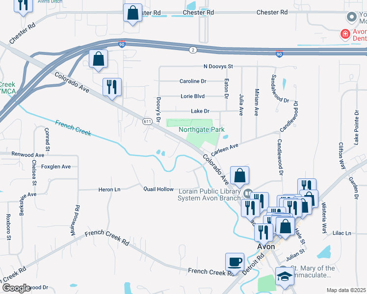 map of restaurants, bars, coffee shops, grocery stores, and more near 37755 Ohio 611 in Avon