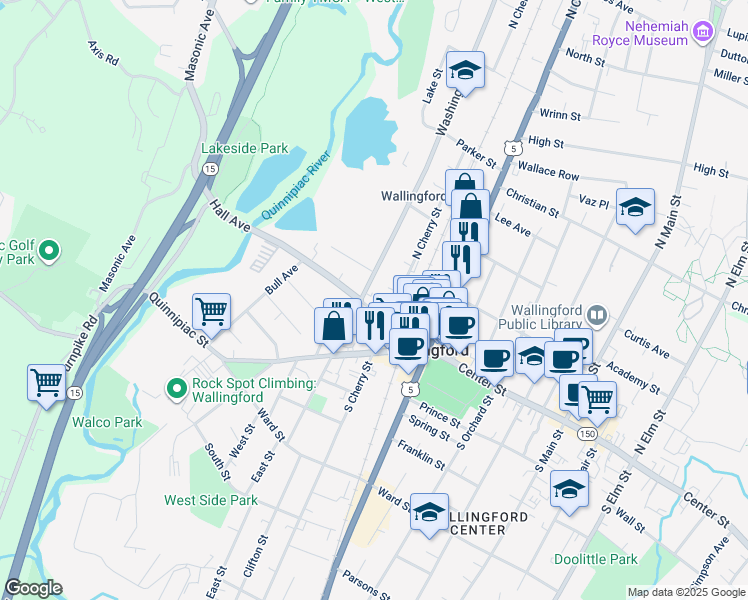 map of restaurants, bars, coffee shops, grocery stores, and more near 139 Hall Avenue in Wallingford