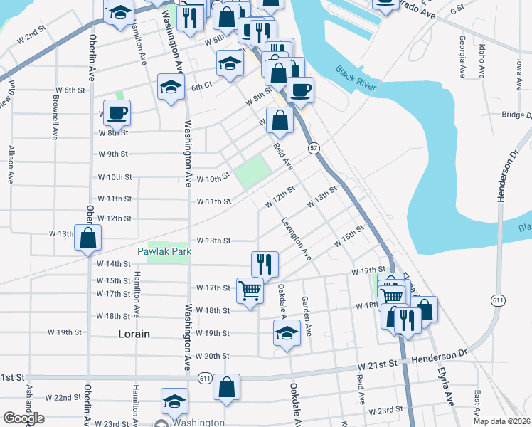 map of restaurants, bars, coffee shops, grocery stores, and more near 677 West 12th Street in Lorain