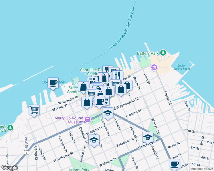 map of restaurants, bars, coffee shops, grocery stores, and more near 221 East Water Street in Sandusky
