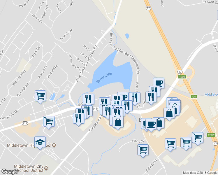 map of restaurants, bars, coffee shops, grocery stores, and more near 51 Kensington Way in Middletown