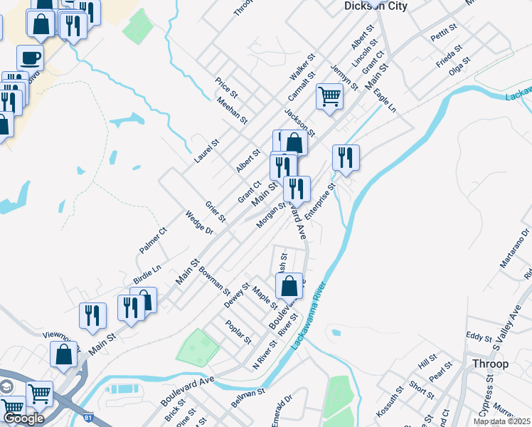 map of restaurants, bars, coffee shops, grocery stores, and more near 663 Morgan Street in Dickson City