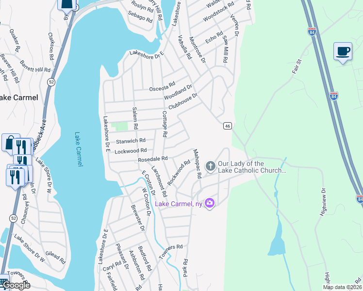 map of restaurants, bars, coffee shops, grocery stores, and more near 21 Amawalk Road in Carmel Hamlet