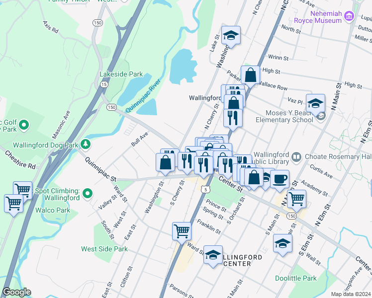map of restaurants, bars, coffee shops, grocery stores, and more near 169 Washington Street in Wallingford