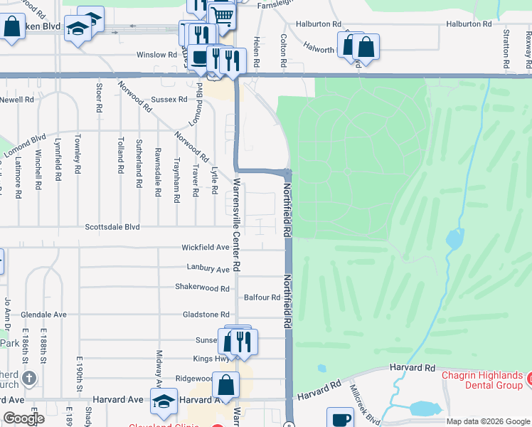 map of restaurants, bars, coffee shops, grocery stores, and more near 3715 Warrensville Center Road in Shaker Heights