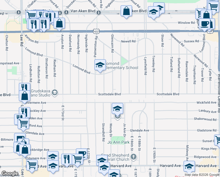 map of restaurants, bars, coffee shops, grocery stores, and more near 3718 Glencairn Road in Shaker Heights