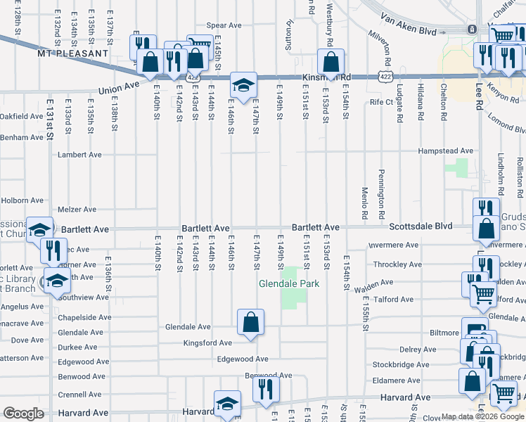 map of restaurants, bars, coffee shops, grocery stores, and more near 3714 East 149th Street in Cleveland
