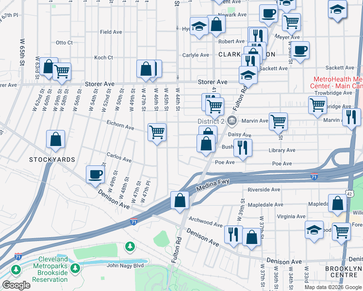 map of restaurants, bars, coffee shops, grocery stores, and more near 4230 Bush Avenue in Cleveland
