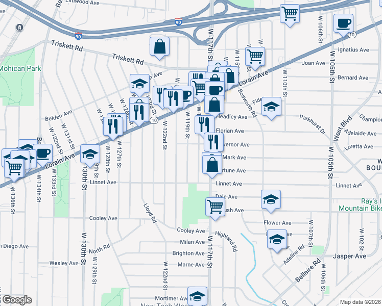 map of restaurants, bars, coffee shops, grocery stores, and more near 3464 West 119th Street in Cleveland