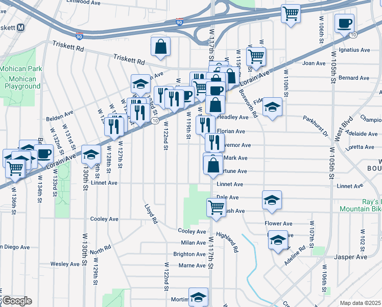 map of restaurants, bars, coffee shops, grocery stores, and more near 3464 West 119th Street in Cleveland