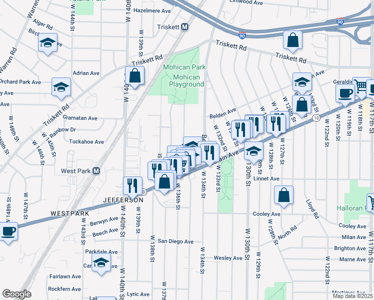 map of restaurants, bars, coffee shops, grocery stores, and more near 3461 West 135th Street in Cleveland
