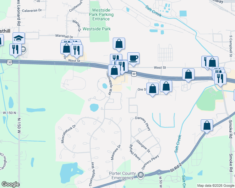 map of restaurants, bars, coffee shops, grocery stores, and more near 1001-1099 Vanderburgh Dr in Valparaiso