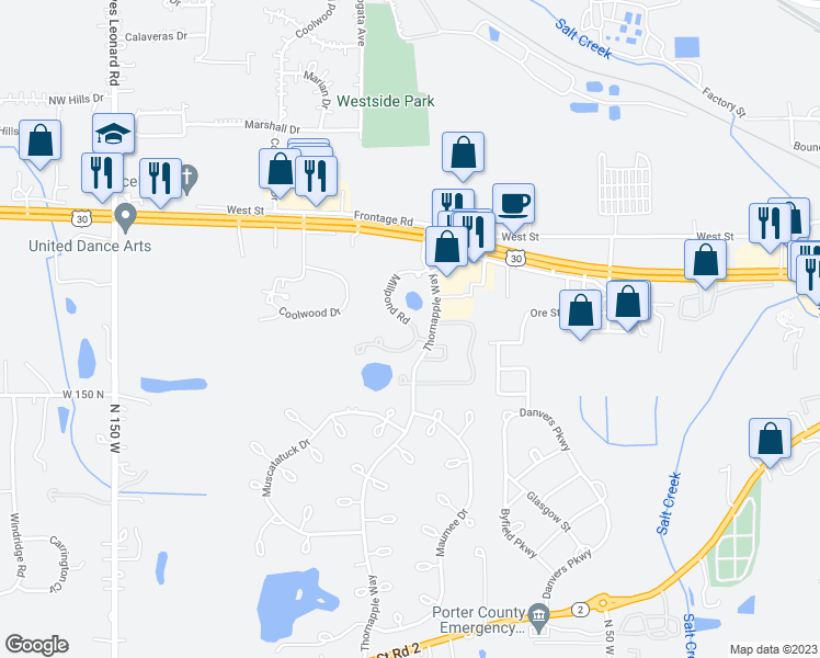 map of restaurants, bars, coffee shops, grocery stores, and more near 1179 Millpond Road North in Valparaiso