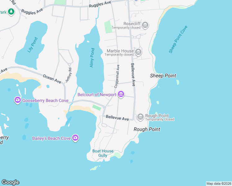 map of restaurants, bars, coffee shops, grocery stores, and more near 210 Coggeshall Avenue in Newport