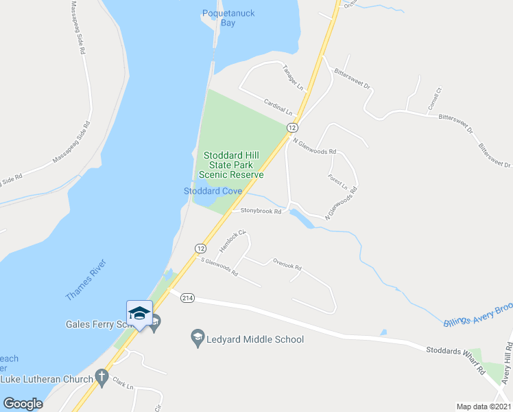map of restaurants, bars, coffee shops, grocery stores, and more near 9 Stonybrook Road in Ledyard