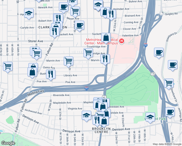 map of restaurants, bars, coffee shops, grocery stores, and more near 3108 Library Avenue in Cleveland
