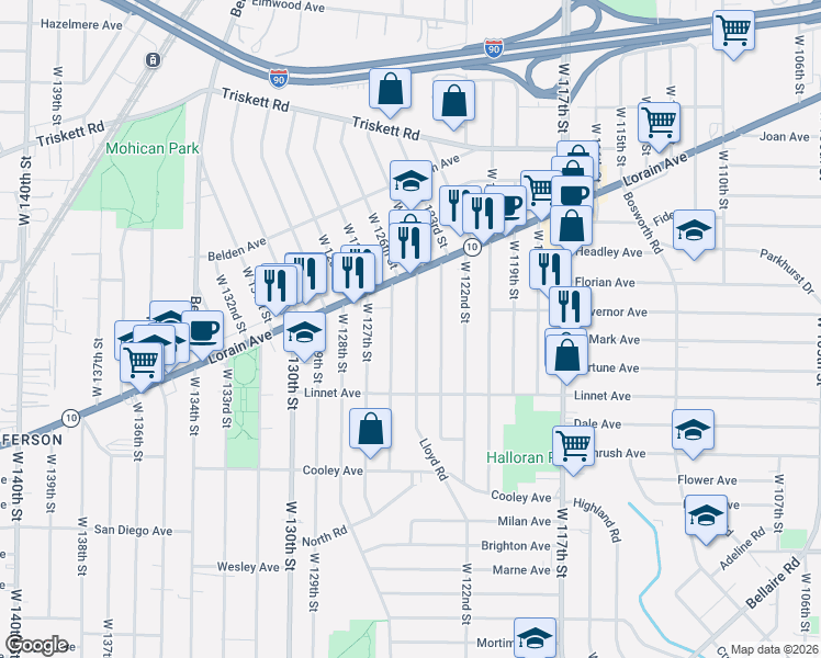 map of restaurants, bars, coffee shops, grocery stores, and more near 3449 West 126th Street in Cleveland