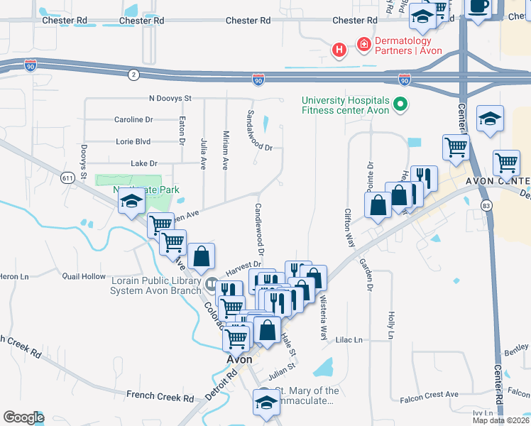 map of restaurants, bars, coffee shops, grocery stores, and more near 2221 Candlewood Drive in Avon