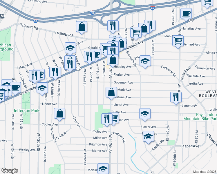 map of restaurants, bars, coffee shops, grocery stores, and more near 3472 West 117th Street in Cleveland