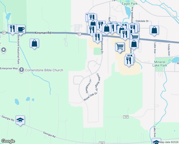 map of restaurants, bars, coffee shops, grocery stores, and more near 15372 Penny Lane in Middlefield