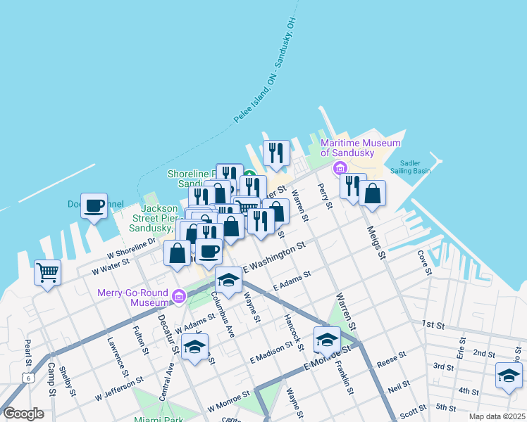 map of restaurants, bars, coffee shops, grocery stores, and more near 115 Franklin Street in Sandusky