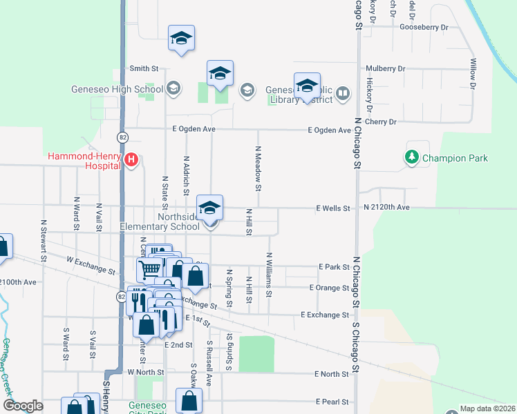 map of restaurants, bars, coffee shops, grocery stores, and more near 501 North Meadow Street in Geneseo