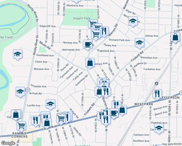 map of restaurants, bars, coffee shops, grocery stores, and more near 3537 Warren Road in Cleveland