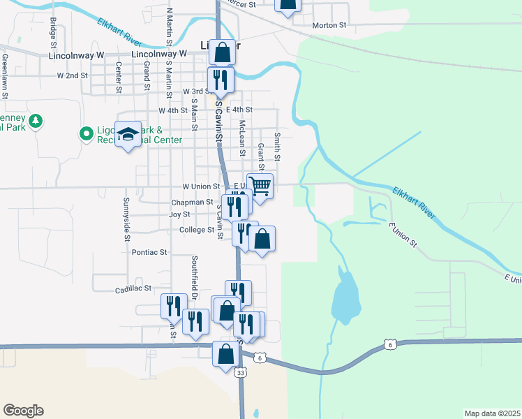 map of restaurants, bars, coffee shops, grocery stores, and more near 903 Lincolnway South in Ligonier