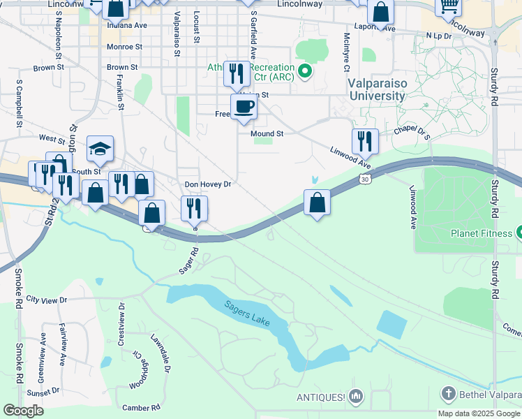 map of restaurants, bars, coffee shops, grocery stores, and more near 829 Lincoln Highway in Valparaiso