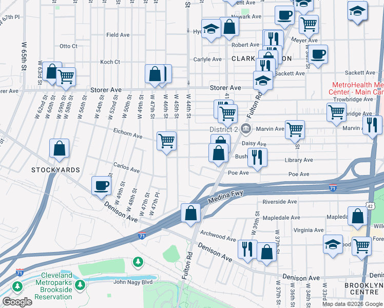 map of restaurants, bars, coffee shops, grocery stores, and more near 4230 Bush Avenue in Cleveland