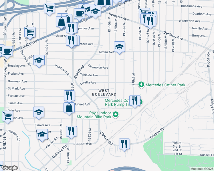 map of restaurants, bars, coffee shops, grocery stores, and more near 3483 West 100th Street in Cleveland