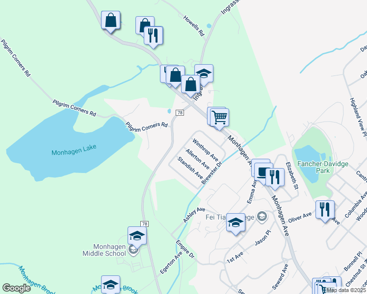 map of restaurants, bars, coffee shops, grocery stores, and more near Brewster Drive & Allerton Avenue in Middletown