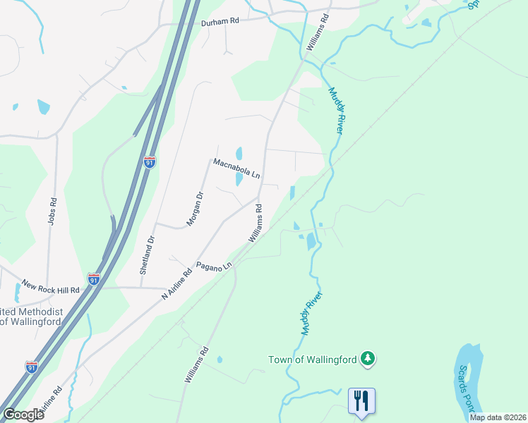 map of restaurants, bars, coffee shops, grocery stores, and more near 340 North Airline Road in Wallingford