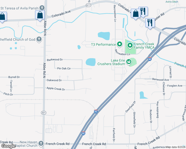 map of restaurants, bars, coffee shops, grocery stores, and more near 5421 Oakwood Dr in Sheffield