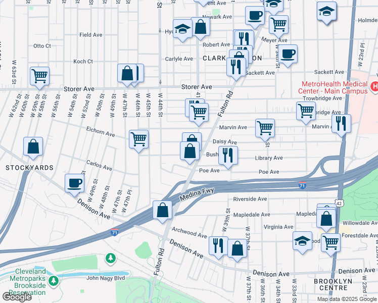map of restaurants, bars, coffee shops, grocery stores, and more near 4118 Bush Avenue in Cleveland