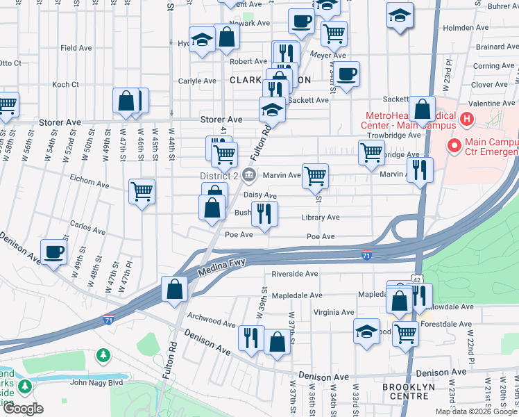 map of restaurants, bars, coffee shops, grocery stores, and more near 3914 Bush Avenue in Cleveland