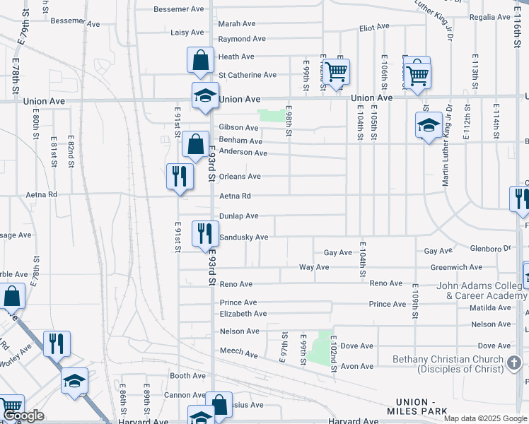 map of restaurants, bars, coffee shops, grocery stores, and more near 9619 Dunlap Avenue in Cleveland