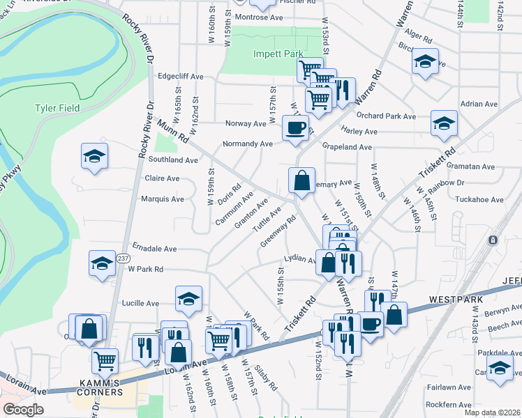 map of restaurants, bars, coffee shops, grocery stores, and more near 3451 Granton Avenue in Cleveland